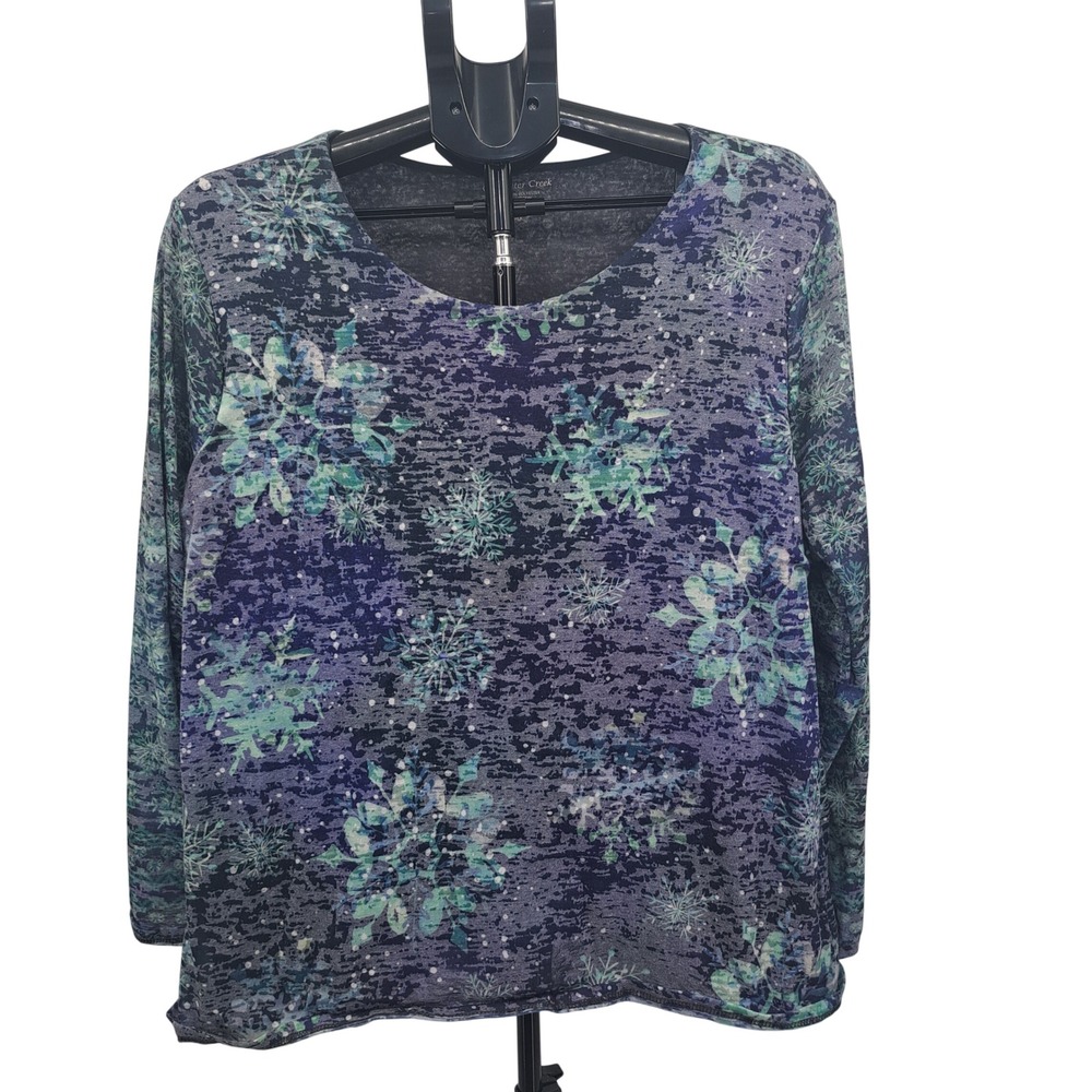 Coldwater Creek Snowflake Print Long Sleeve Top Blue 1X Winter Casual Holiday
